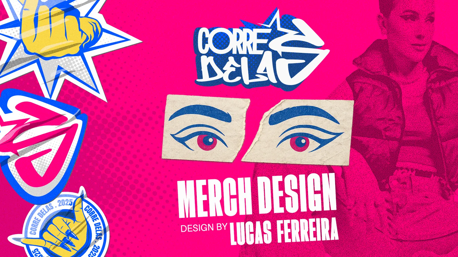 Abertura do projeto: logo Corre Delas, os olhos da Ruty em papel rasgado e o título Merch Design sobre fundo rosa