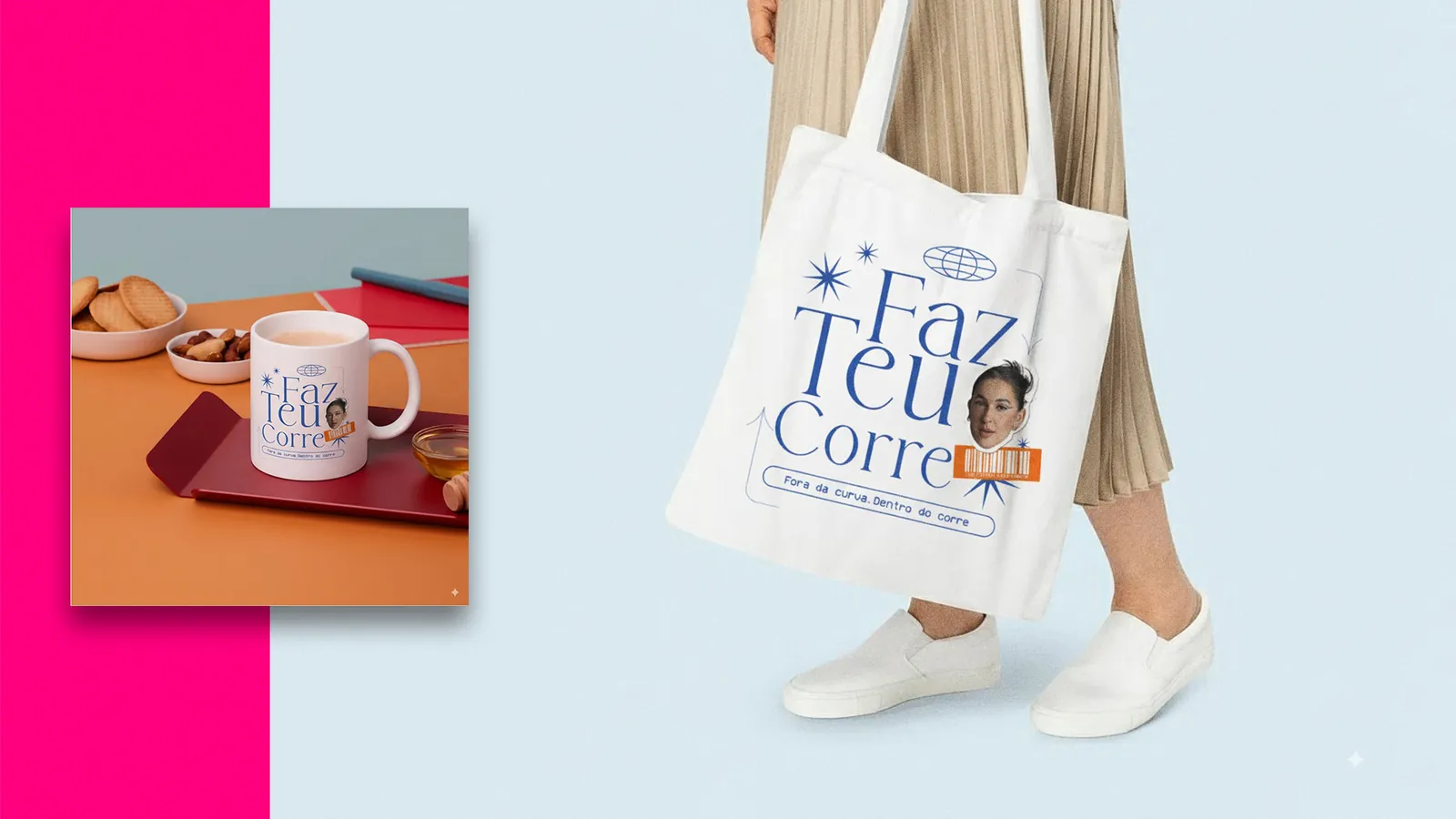 Caneca branca com o lettering tipográfico e ecobag Faz teu corre segurada junto a uma saia plissada
