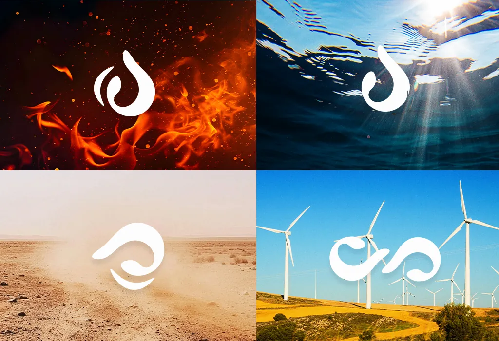 Os quatro símbolos sobre fogo, água, terra e vento