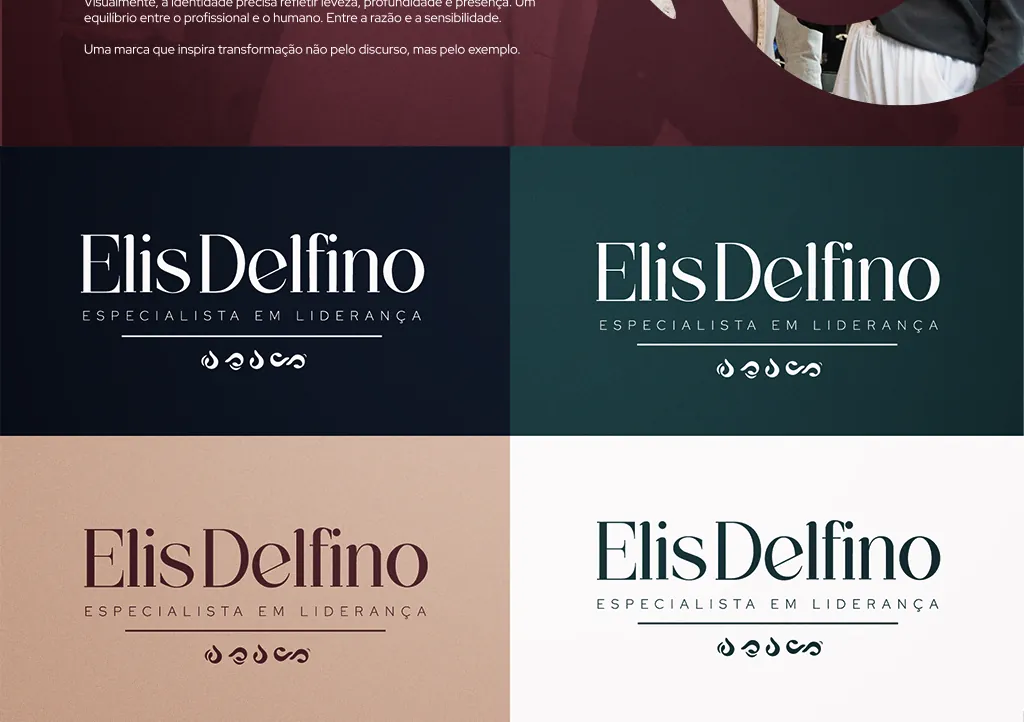 Logo Elis Delfino em quatro fundos: azul-marinho, verde-escuro, marfim e branco