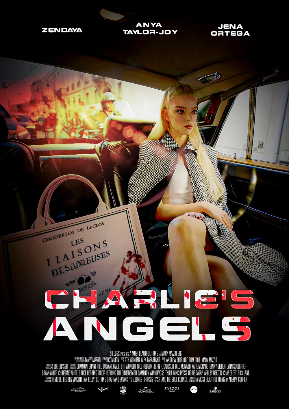 Cartaz de Charlie's Angels com Anya Taylor-Joy sentada num carro