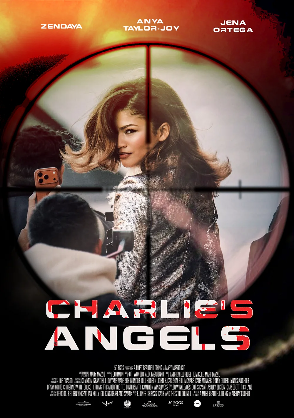 Cartaz de Charlie's Angels com Zendaya vista por uma mira