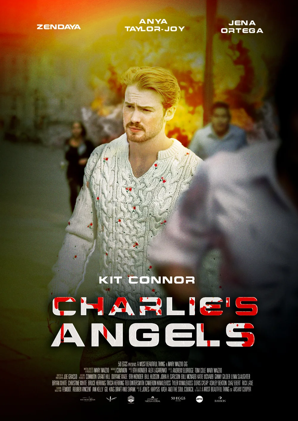 Cartaz de Charlie's Angels com Kit Connor e explosão ao fundo
