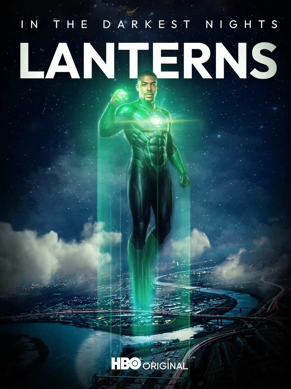 Cartaz de Lanterns com o Lanterna Verde flutuando sobre uma cidade à noite