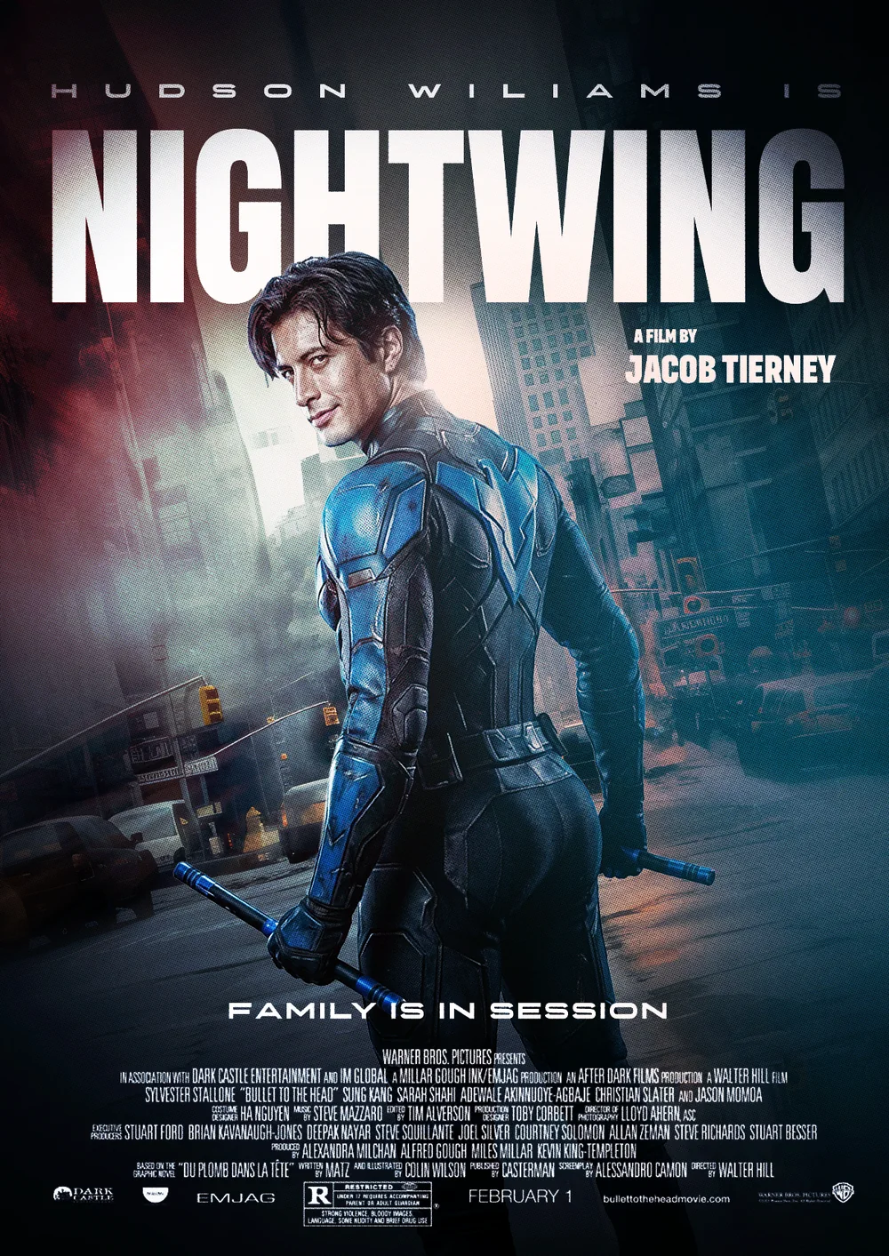 Cartaz de Nightwing com o herói de pé, cidade azul ao fundo