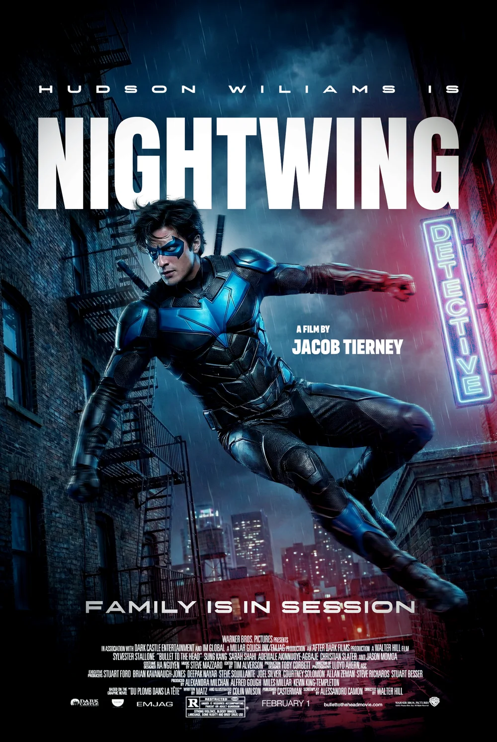 Cartaz de Nightwing com o herói pulando, letreiro neon Detective