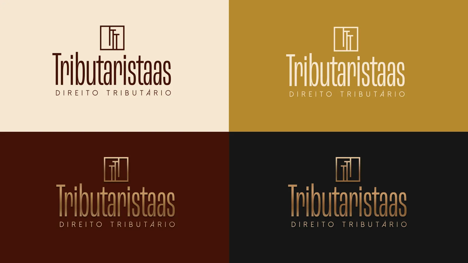 Logotipo sobre os quatro fundos da marca: creme, mostarda, marrom e preto