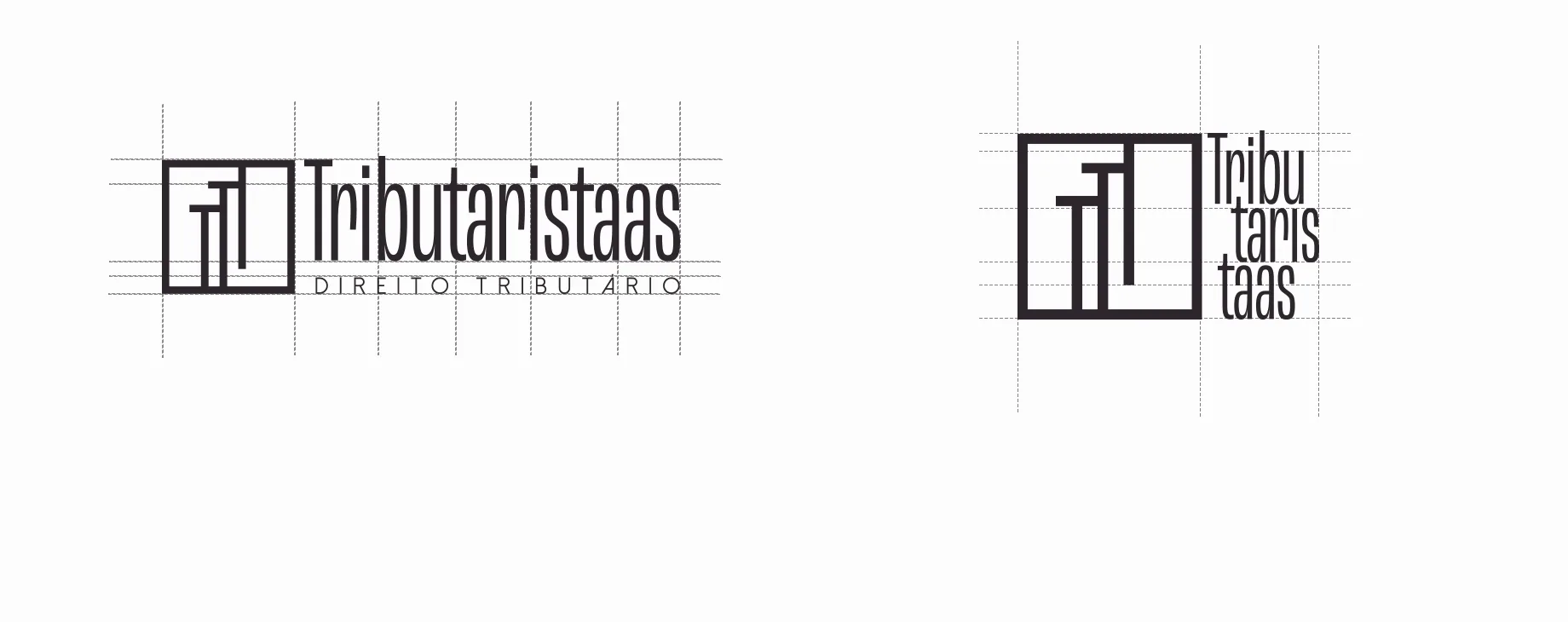 Variações do logotipo com o símbolo: horizontal, empilhada e vertical, com guias