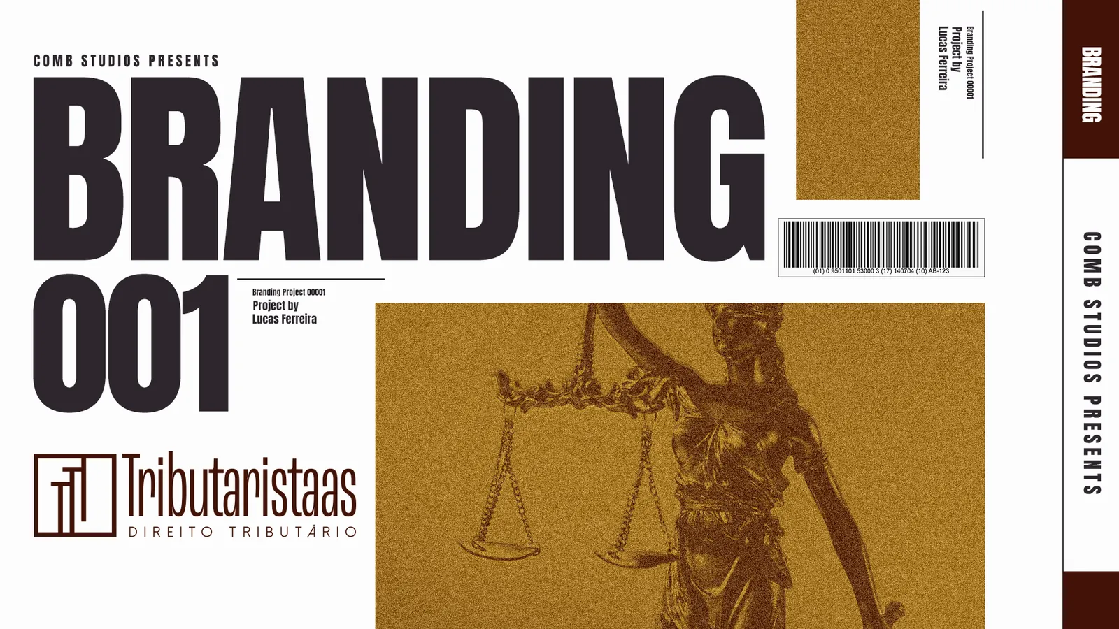 Cartaz de abertura Branding 001 com o logotipo e a estátua da Justiça em dourado